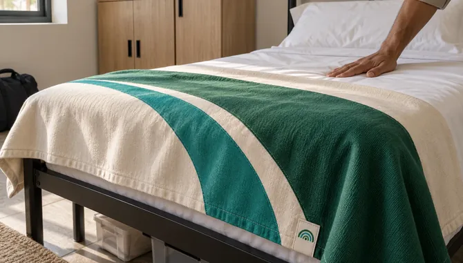 A made bed with a blanket in Waha colours and logo